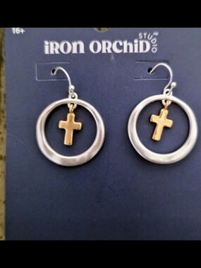 2 Pair Of Iron Orchid Two-Tone Cross Hoop Earrings - Silver Hoop with Gold Cross